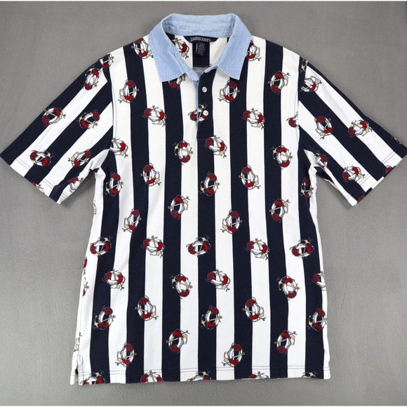 Vintage Lands End Denim Collar Polo Shirt Sz M Nautical Stripe Life Saver Anchor - Picture 2 of 7